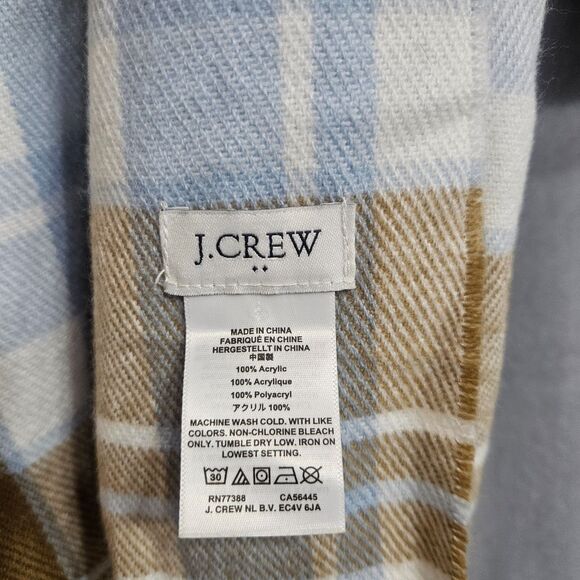J. Crew Acrylic Plaid Blanket Scarf Blue and Tan with Fringe 24X78 - Picture 2 of 5